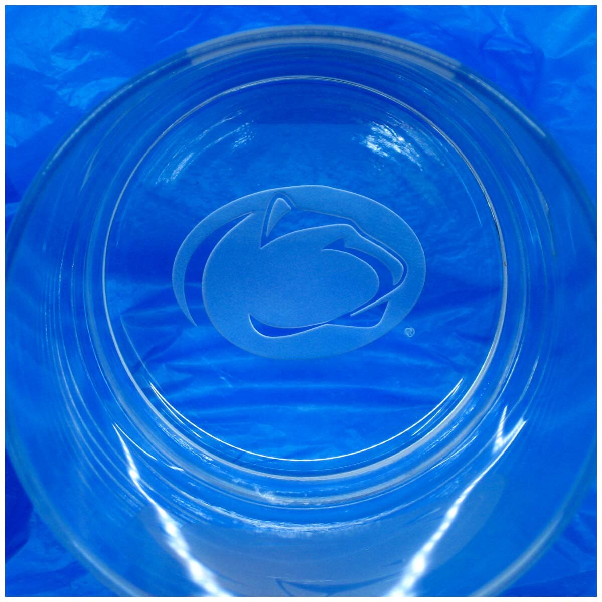 etched Penn State Athletic Logo in bottom of rocks glass